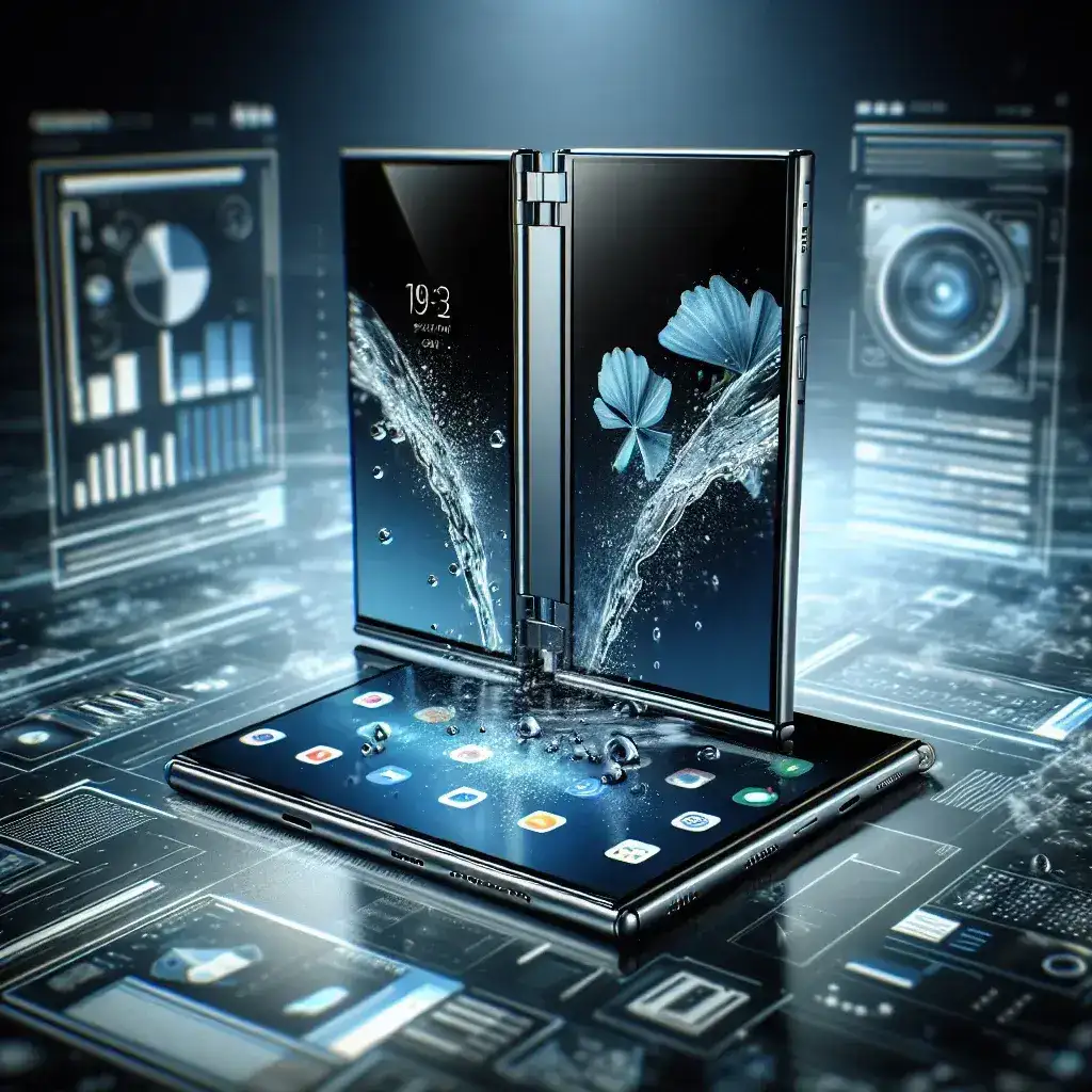 "Samsung Galaxy Z Fold 6 featuring fully folding display and showcasing its IPX8 water resistance capabilities, illustrating innovation in smartphone technology."