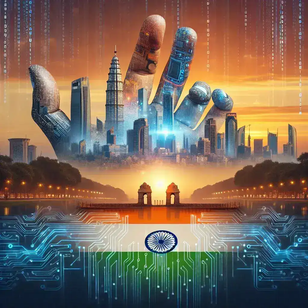 "Illustration of AI technology in India, showcasing various applications such as machine learning, data analysis, and automation, symbolizing the country's critical opportunity to embrace artificial intelligence for economic growth and innovation."