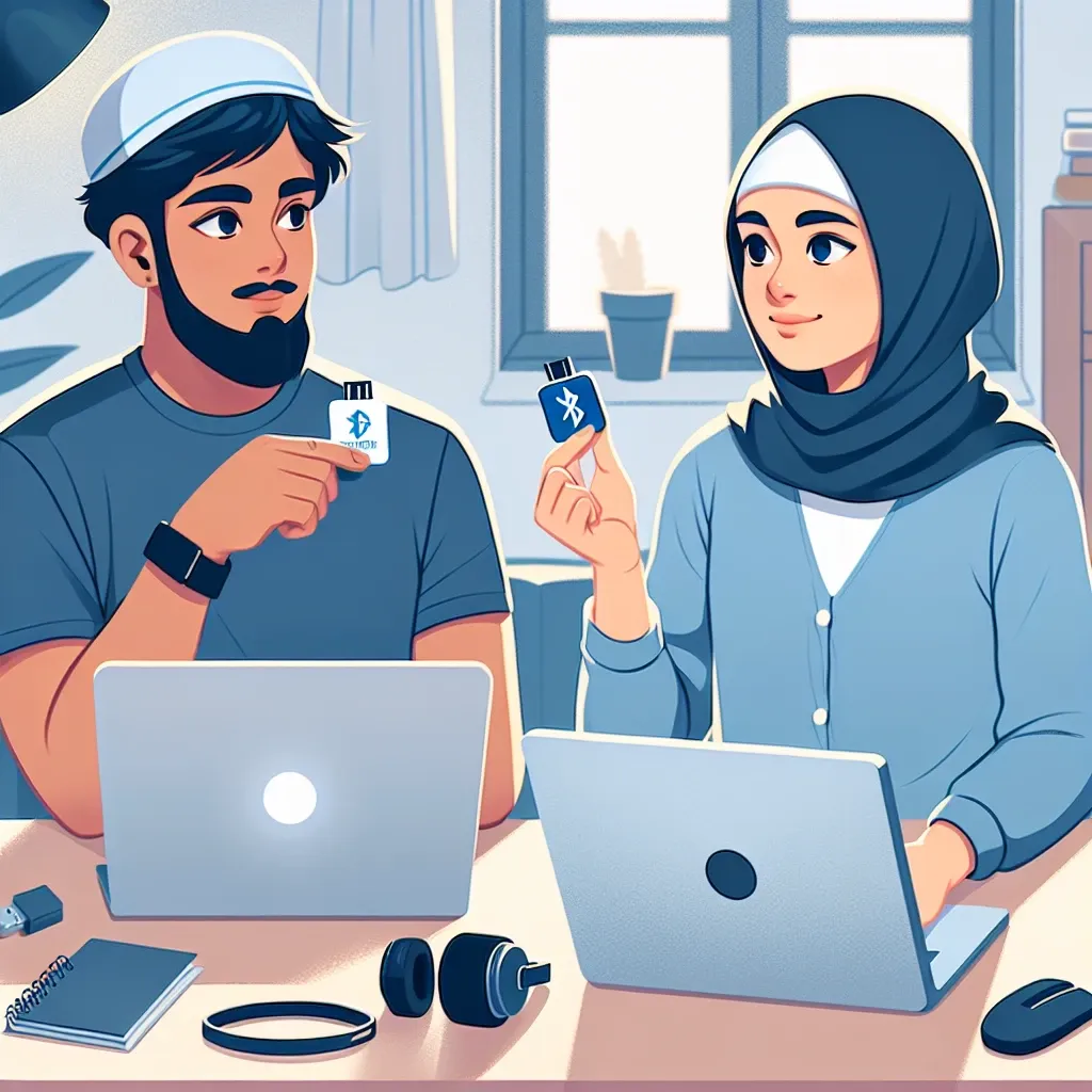 A man and woman holding USB drives while working on laptops at a desk.