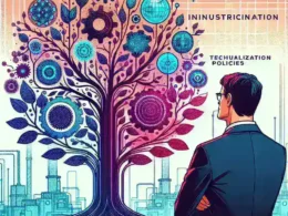 "Jensen Huang, CEO of Nvidia, speaking at a tech conference, emphasizing the impact of Trump's re-industrialization policies on technological growth and innovation"