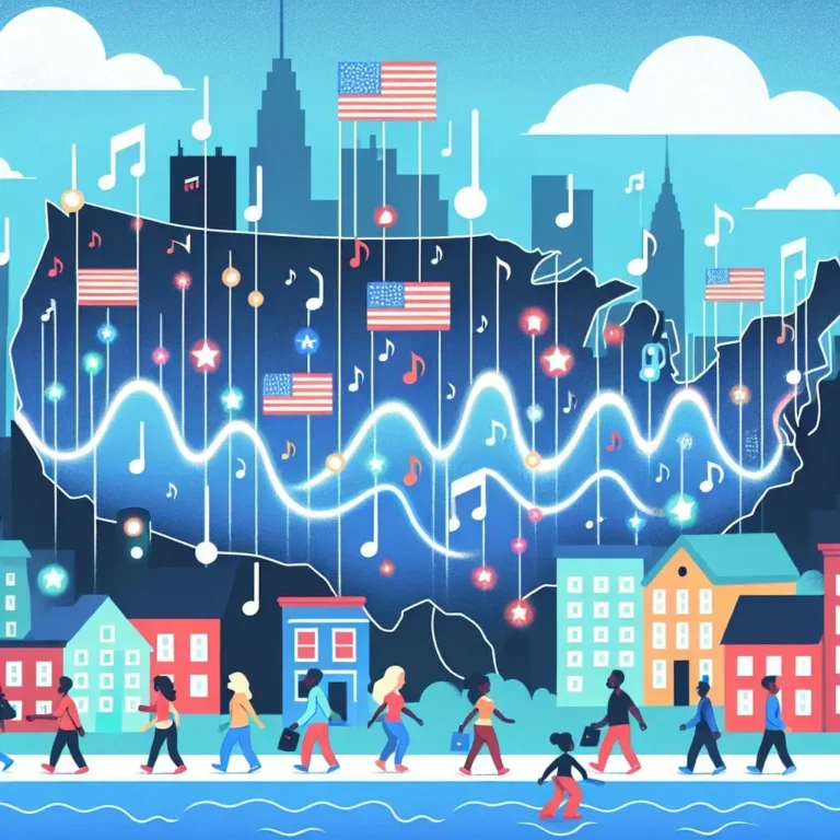 "AI-powered music discovery feature by Spotify showcasing hyper-local playlists in major U.S. cities, highlighting personalized local artists and events."