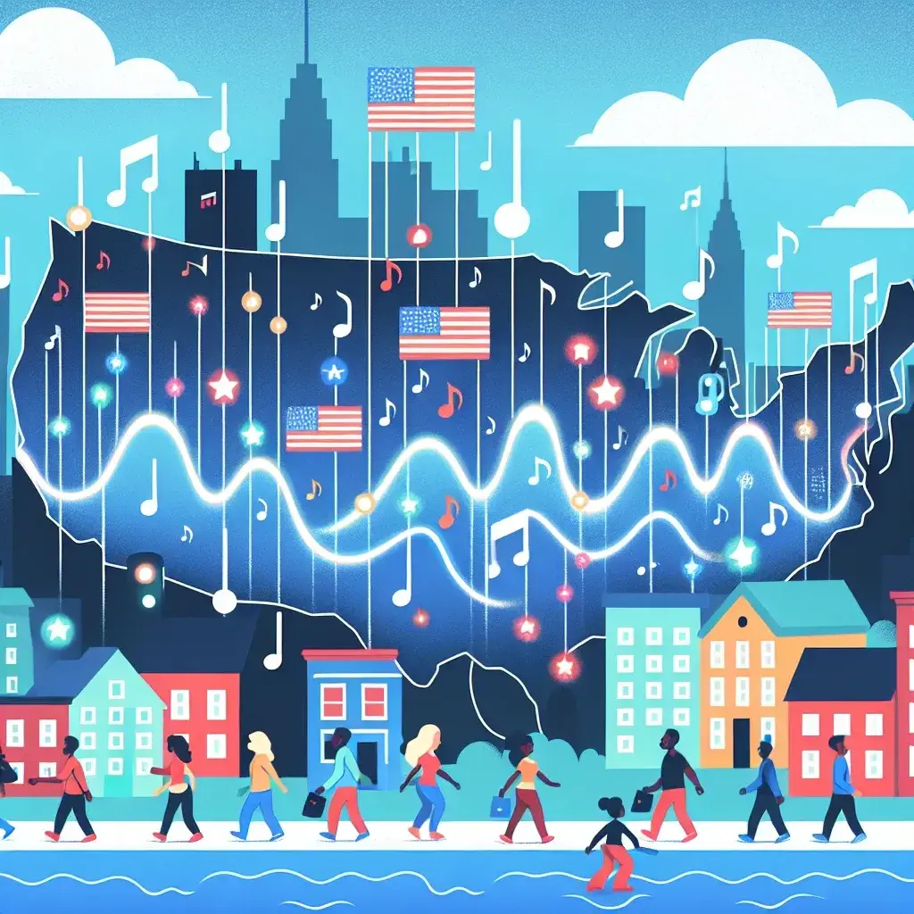 "AI-powered music discovery feature by Spotify showcasing hyper-local playlists in major U.S. cities, highlighting personalized local artists and events."