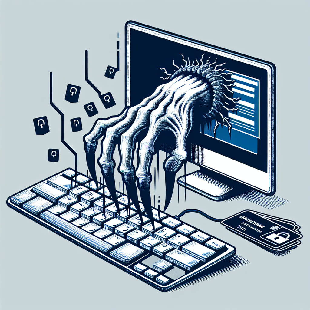 "Illustration of keylogger malware capturing keyboard input on a computer screen, highlighting cybersecurity threats and hacker tactics in the digital world."