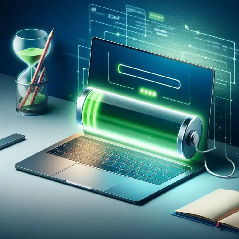 "Infographic illustrating top tips for extending laptop battery life, including adjusting screen brightness, managing power settings, and closing unused applications."