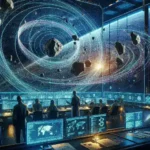 "NASA scientists analyzing AI models for predicting asteroid trajectories in a state-of-the-art laboratory, showcasing advanced technology and space exploration efforts."