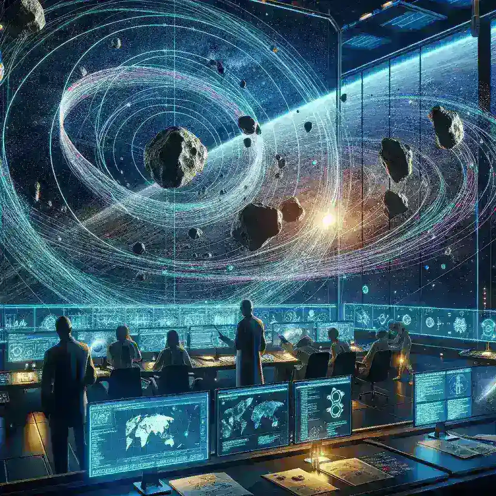 "NASA scientists analyzing AI models for predicting asteroid trajectories in a state-of-the-art laboratory, showcasing advanced technology and space exploration efforts."