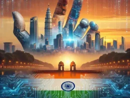 "Illustration of AI technology in India, showcasing various applications such as machine learning, data analysis, and automation, symbolizing the country's critical opportunity to embrace artificial intelligence for economic growth and innovation."